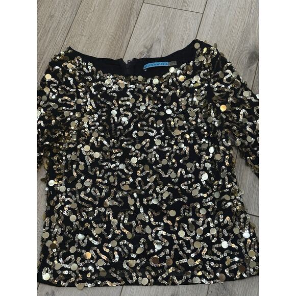 Alice + Olivia Pixie Gold Sequined Black Silk Top Zip Back XS - Picture 6 of 11